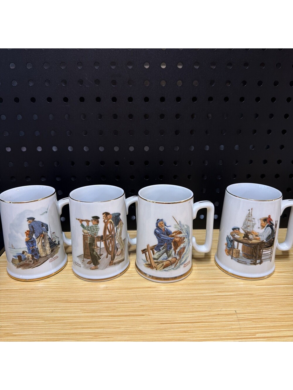 VTG 4 Norman Rockwell Nautical 1985 Museum Coffee Mugs Cups White Gold Trim *